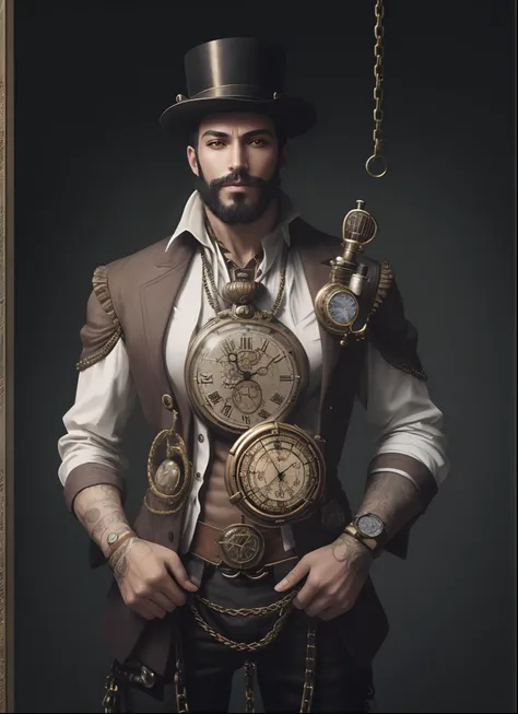 Araffe Man in Steampunk costume with a watch and chains, steampunk aesthetic, Retrato masculino Steampunk, Clockpunk, tecnologia Steampunk, steampunk imagery themed, usando trajes Steampunk, estilo Steampunk, roupas Steampunk, cyberpunk Steampunk, Steampun...