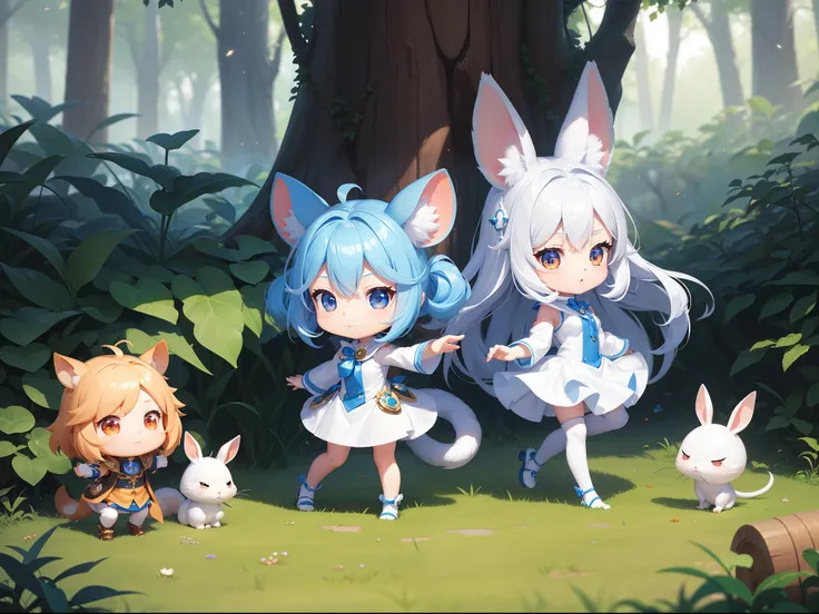 There are small white rabbits with carrots and long ears,  White long ears、Im with a long chibi character girl with blue hair。It is a cute white and blue costume。Dark eyes。cute forest creature, Cute mushrooms also grow、Adorable Digital Painting, cute detai...