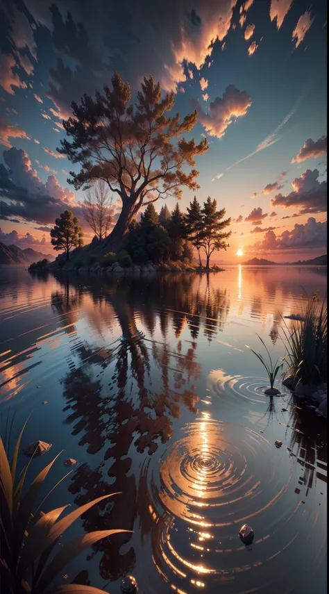 sunset, landscape, water, (very detailed CG unity 8k wallpaper), the most beautiful artwork in the world, professional majestic oil painting, intricate, high detail, clear focus, dramatic, realistic painting art, blue sky.