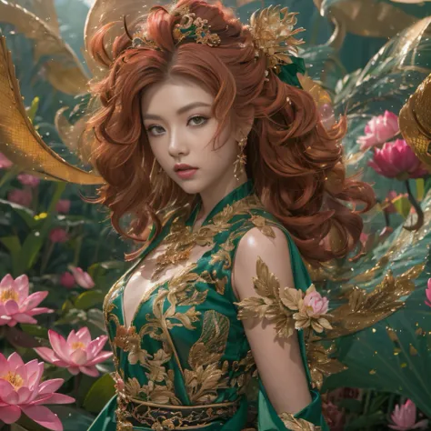 32K（tmasterpiece，k hd，hyper HD，32K）curlies，Flowing rouge，ponds，zydink， a color，  Liaoning people （Silly girl）， （Silk scarf）， Combat posture， looking at the ground，  Flowing rouge curls，Green emerald headdress， Chinese long-sleeved pink gold garment， （abstr...