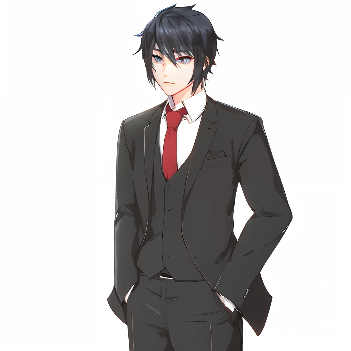 Avatar boy anime character, pale white skin, black hair, dark circles under the eyes, gray eyes, droopy eyes, tired, black suit, white t-shirt and red tie, illustration, full body, front view, close up, no background --auto --s2