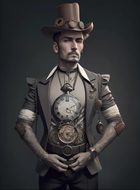 Theres a man in a suit with a watch on his chest, Retrato masculino steampunk, Clockpunk, steampunk aesthetic, holding a pocket watch, steampunk imagery themed, 3d renderizado steampunk, clockwork steampunk, Mechanical Automaton, design steampunk, clockwor...