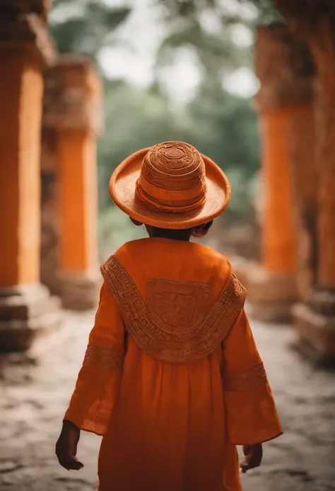 Child wearing hat and orange clothes, architectural style of Mayan art, happy core, joy and optimism, Konica large mini, organic (medium shot)