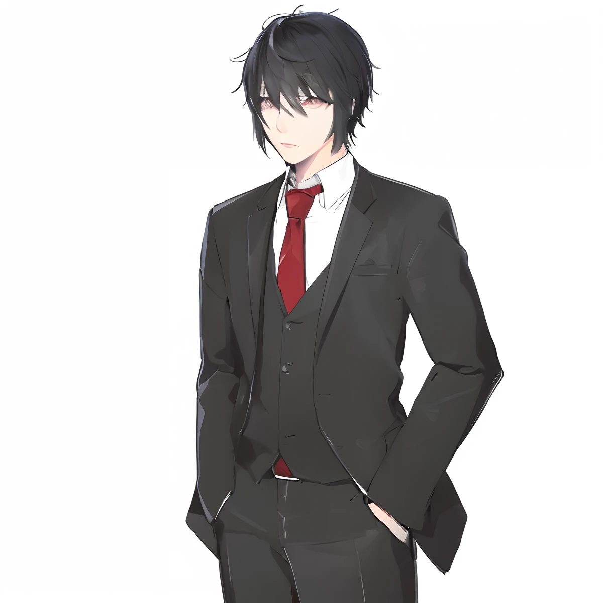 Avatar boy anime character, pale white skin, black hair, dark circles under the eyes, [gray eyes,] droopy eyes, tired, black suit, white t-shirt and red tie, illustration, full body, front view, close up, no background.  - --auto --s2