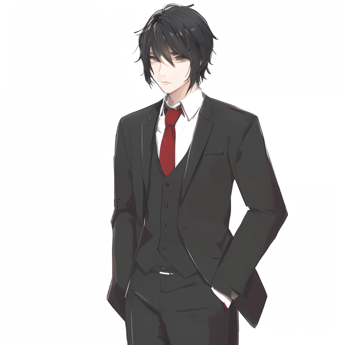 Avatar boy anime character, pale white skin, black hair, dark circles under the eyes, [gray eyes,] droopy eyes, tired, black suit, white t-shirt and red tie, illustration, full body, front view, close up, no background.  - --auto --s2