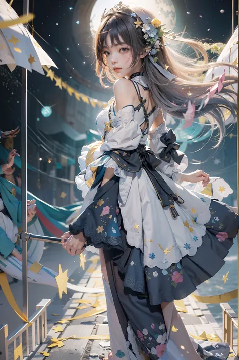 Masterpiece, Best quality, 1girll, Solo, Guizhong_Genshin, default_dress, From behind, Starry sky print, sleeves over wrists, Barefoot