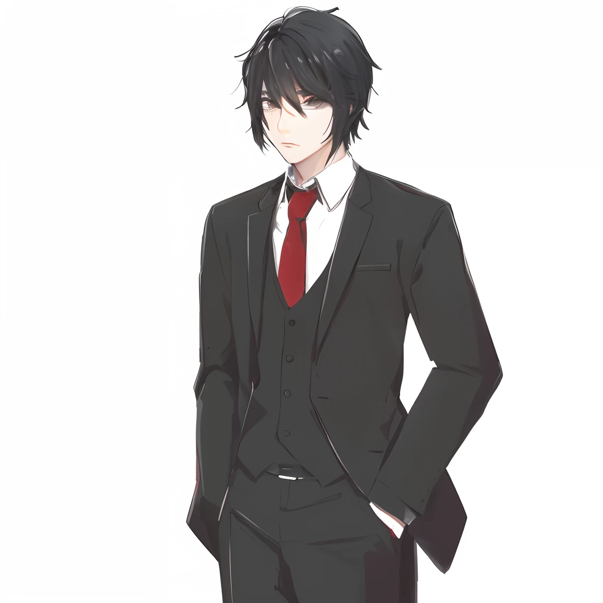 Avatar boy anime character, pale white skin, black hair, dark circles under the eyes, [gray eyes,] droopy eyes, tired, black suit, white t-shirt and red tie, illustration, full body, front view, close up, no background.  - --auto --s2