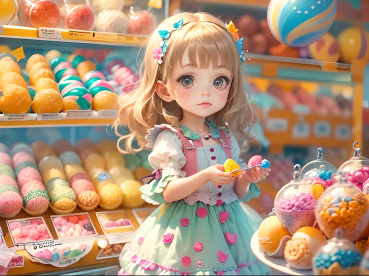 Little girl in the candy store, Brightly colored sweets, and the sun was shining brightly, k hd, the detail.