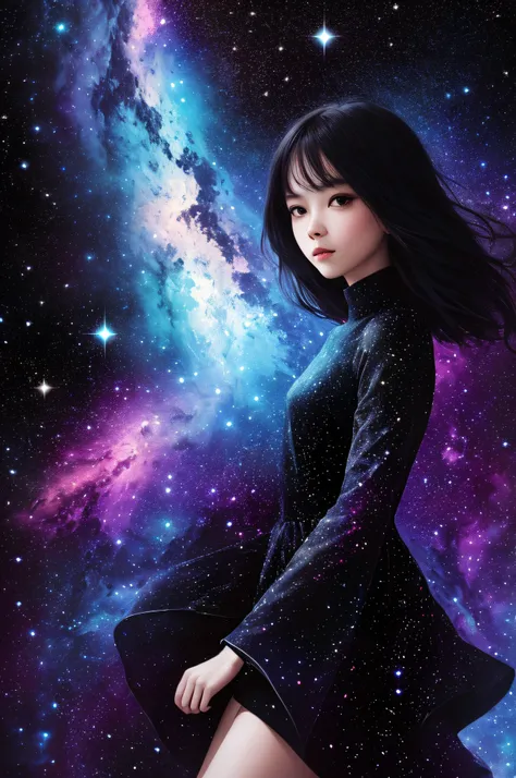 masterpiece, best quality, ultra high res, (abstract art:1.3), (dark theme:1.2), art, stylized, deep shadow, dark theme, 1girl, cosmic dress, cosmic beauty, in space, nebula