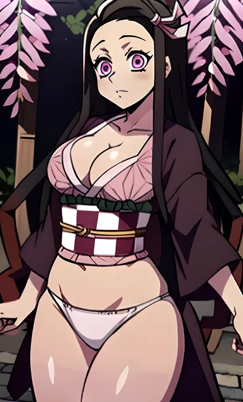 rialistic photo、Real Images、Top image quality、​masterpiece, (Pink kimono), seductived faced, Kamado nezuko with horns、Demon Kamado Nezuko、Adult charm of Kamado Nezuko、The hem is disheveled, revealing white panties.、A sexy、crotch open、blanche、good lighting,...