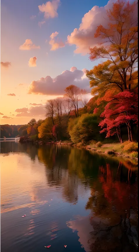 ((Hue: Orange, Red: 1.2), (CG: 1.2, Photo: 0.8), (Soft, Delicate), (Elevation View, Trees, Lakes), (Flowing Water, Autumn Leaves): 0.9, Sunset), (Phoenix, Nirvana), (Wind Blowing Clothes, Flowing Clouds Tide): 0.8)