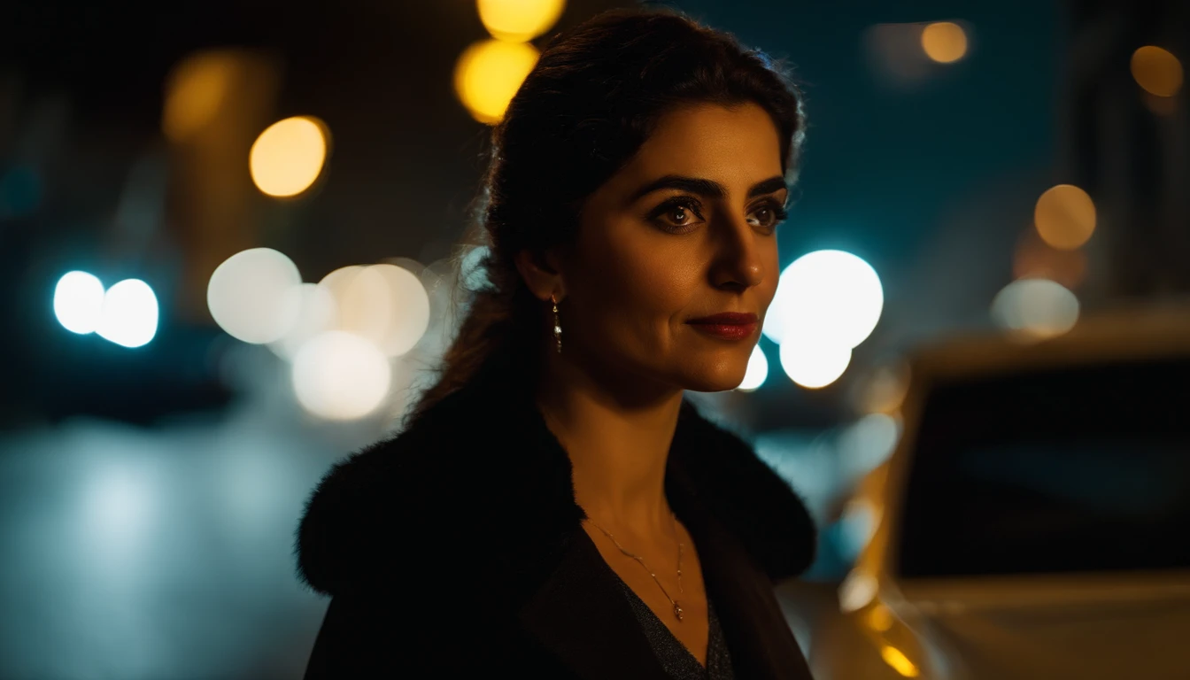 A Turkish woman on Şanlıurfa street at night, the womans gaze remains next to the mysterious car, darkness, contrast, dark background, contrast, (cinematic light), (full frame DSLR Canon camera), 85mm macro, (f1) .8), (ISO 1200 )