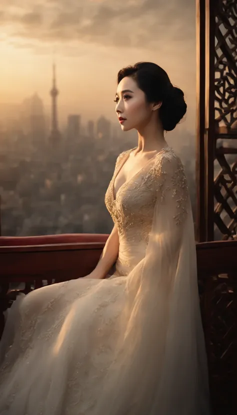 Masterpiece, Best quality, (Photorealistic:1.4), full bodyesbian, (dress:1.1)（evening formal robes：1.1）（Wisps 1.1）（Embroidered seedling edge Q1.1） view over city, Cinematic light, Beautiful woman,Fan Bingbings face，32years old， ((From any direction)), spor...