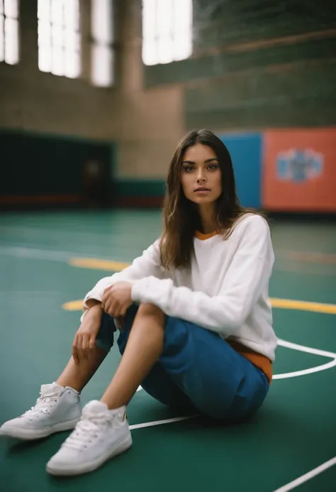 2000s fashion, high-angle photo, shot with Fujicolor C200, capturing a girl sitting down on a basketball court as a backdrop, colorful melancholy, flickr, associated press photo, upper body