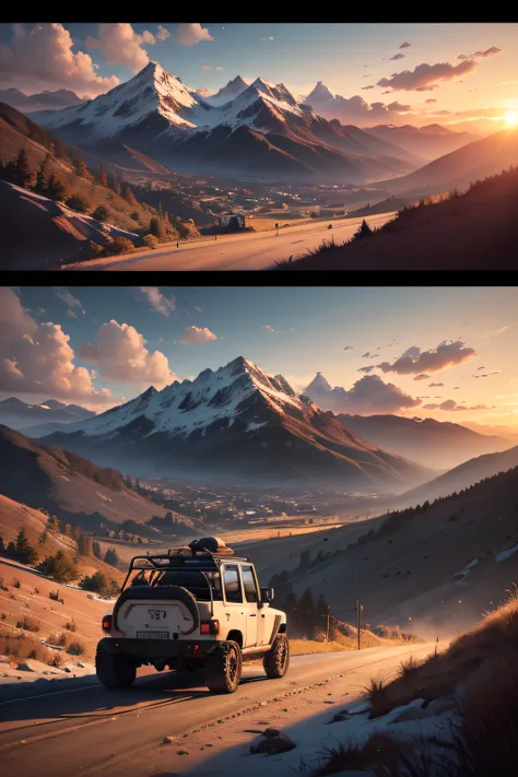 (Best quality,4K,8K,A high resolution,Masterpiece:1.2),Ultra-detailed,Realistic:1.37, cold shades, Sharp focus, hdr, Outdoor skyline view with sunset, Breathtaking panoramic views of nature at sunset, Stunning background artwork, mountain in background, An...