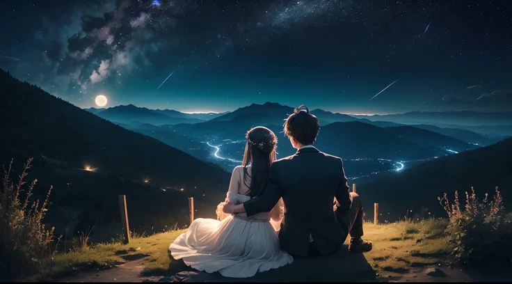 A couple is siting in a mountain gazing to the stars, having shooting stars, full moon, magical moment, fireflies, dynamic composition, panoramic view, ultra definition, ultra resolution, intricate detail, glowing lights, soft light, anime style