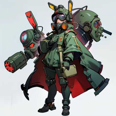 Best Quality, Full body shot, No background, White background, masterpiece, Gas mask, Robot goggles, Headphones, mechanical bunny hat, military coat,zoom out