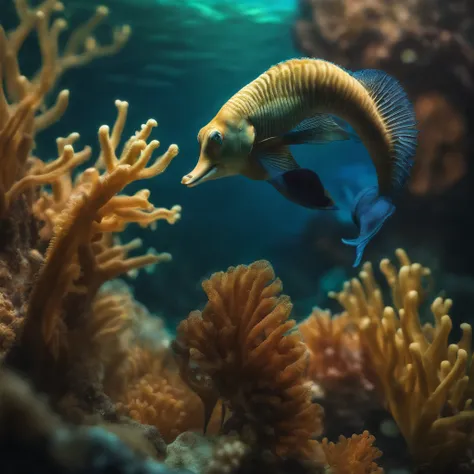 Golden Seahorse,deep underwater,glowing scales,shimmering light through the water,detailed body structure,mesmerizing patterns,bright and vivid colors,undersea plants and corals surrounding,twisting and swaying with the current,sparkling rays of sunlight p...