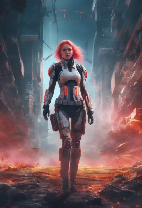 Armageddon battle scene with beautiful surrealist photo of cute young swedish woman with rune tattoo, ((Dirty face Blood splattered)), (((Wear an all-heavy mech, Combat harness, Neon highlights))) Short red hair braids, Combat pose, Exterior of destroyed b...