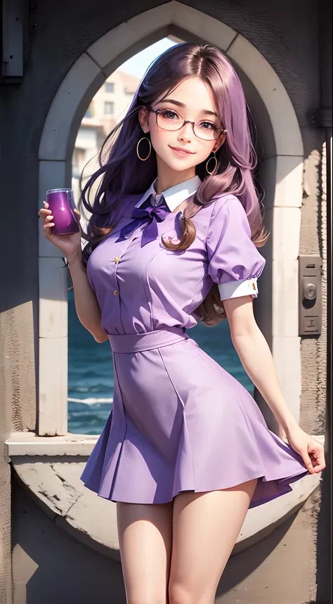 purple short dress, school uniform, very pretty European princess, wearing round glasses, portrait photo, beach, standing up straight, head and ankles straight, smiling, wearing earrings, 4k definition, beautiful slim hands