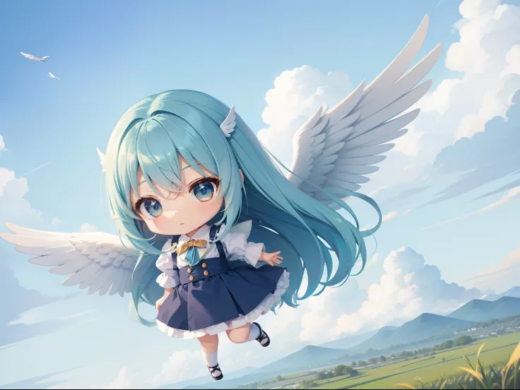 Fly in the sky with angel wings　grass field　Chibichara　long hair with blue hair((Chibi Chara))、Fluffy、girl with、Chibi Chara、full body Esbian、Pastel colors hair、masutepiece、top-quality、