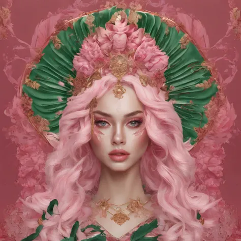 32K（tmasterpiece，k hd，hyper HD，32K）curlies，Flowing rouge，ponds，zydink， a color，  Liaoning people （Silly girl）， （Silk scarf）， Combat posture， looking at the ground，  Flowing rouge curls，Green emerald headdress， Chinese long-sleeved pink gold garment， （abstr...