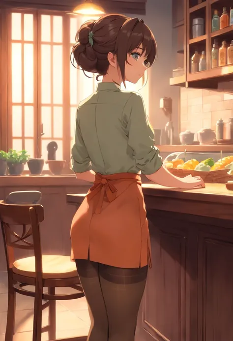 Beautiful woman dressed as a servant, ((Dynamic Pose))), leaning against table, Back shot, Flat back, showing her butt, Fallen pantyhose, Elongated heritage, (beautiful round tail), (Narrow waist). NSFW