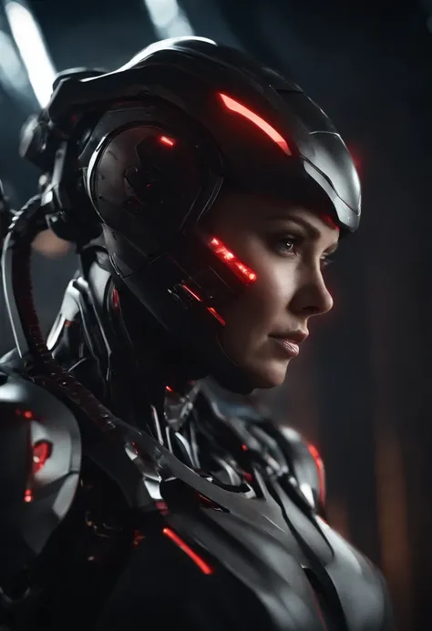 lizzyC1, ((best quality)), ((masterpiece)), (detailed), Midjourney Style, close-up, woman, robot, red eyes, concept art, inspired by Marek Okon, digital art, Crysis Nanosuit, futuristic, (glowing elements:1.1), 4:3 aspect ratio, dynamic duo，upper body