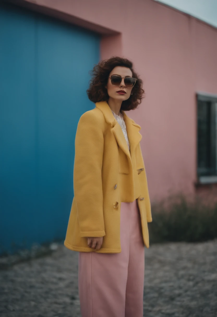 a young female wearing yellow and pink coats in front of blue wall, in the style of heatwave, transparent/translucent medium, contemporary vintage photography, lowbrow, poolcore, associated press photo, feminine body, (medium shot)