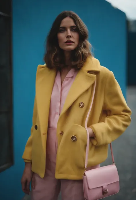 a young female wearing yellow and pink coats in front of blue wall, in the style of heatwave, transparent/translucent medium, contemporary vintage photography, lowbrow, poolcore, associated press photo, feminine body, (medium shot)