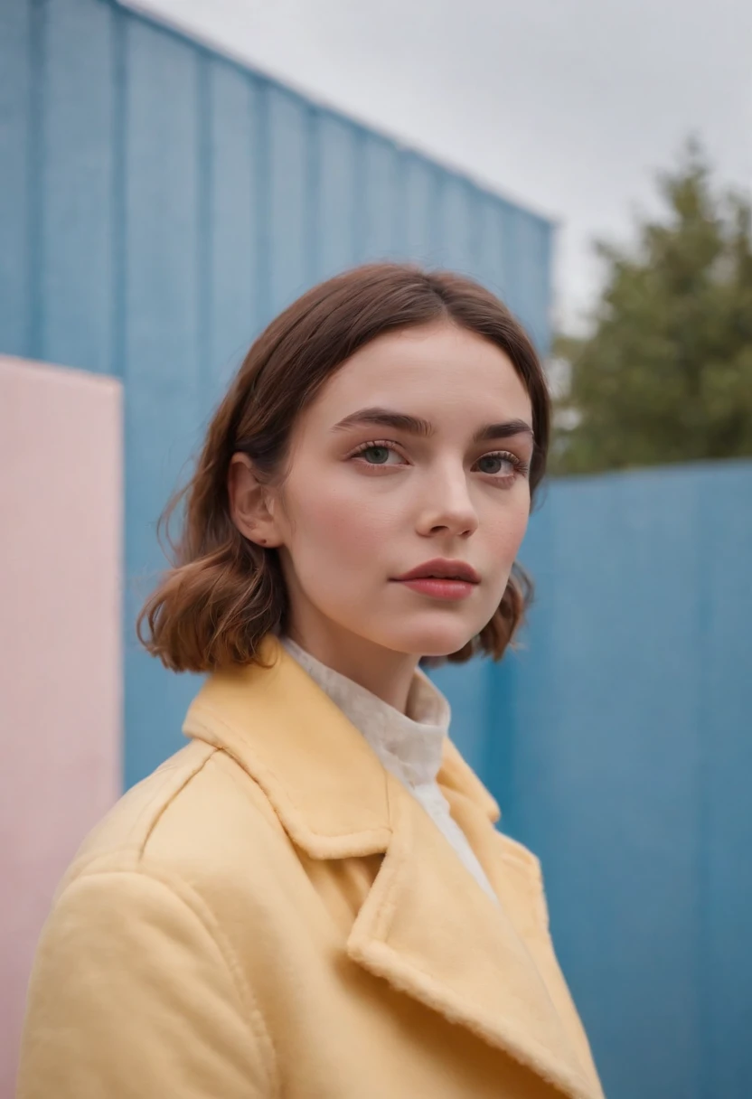 a young female wearing yellow and pink coats in front of blue wall, in the style of heatwave, transparent/translucent medium, contemporary vintage photography, lowbrow, poolcore, associated press photo, feminine body, (medium shot)