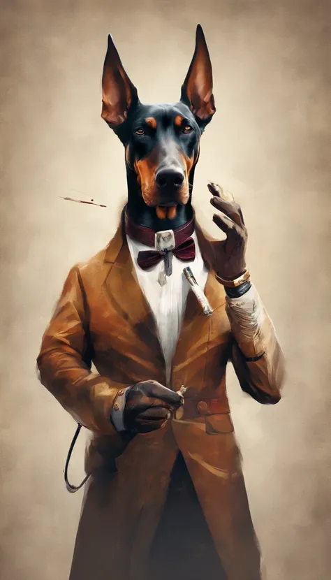 Doberman in costume. cigarette in his hand. Keep the collar of the garment closed