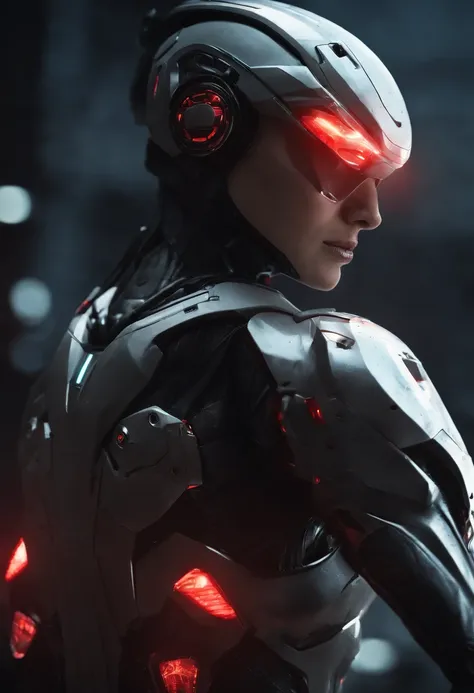 lizzyC1, ((best quality)), ((masterpiece)), (detailed), Midjourney Style, close-up, woman, robot, red eyes, concept art, inspired by Marek Okon, digital art, Crysis Nanosuit, futuristic, (glowing elements:1.1), 4:3 aspect ratio, dynamic duo，upper body