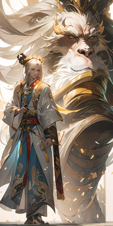 (masterpiece:1.2),best quality,zhongfenghua,realistic,
solo,a character standing in front of blonde,glowing monkey,transparent,
monkey king:1.5,