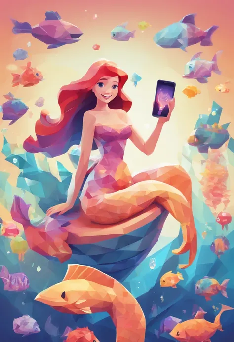 A little mermaid with a wide smile holding a smartphone that glows! it is surrounded by many social media icons, brushes and paints of many colors, warm sun sprinkling over it, adding to the playful atmosphere, --v6