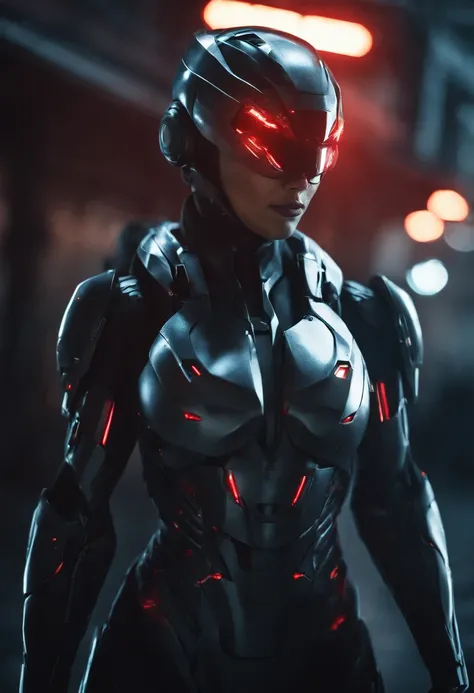 lizzyC1, ((best quality)), ((masterpiece)), (detailed), Midjourney Style, close-up, woman, robot, red eyes, concept art, inspired by Marek Okon, digital art, Crysis Nanosuit, futuristic, (glowing elements:1.1), 4:3 aspect ratio, dynamic duo，upper body