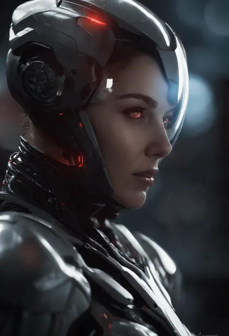 lizzyC1, ((best quality)), ((masterpiece)), (detailed), Midjourney Style, close-up, woman, robot, red eyes, concept art, inspired by Marek Okon, digital art, Crysis Nanosuit, futuristic, (glowing elements:1.1), 4:3 aspect ratio, dynamic duo，upper body