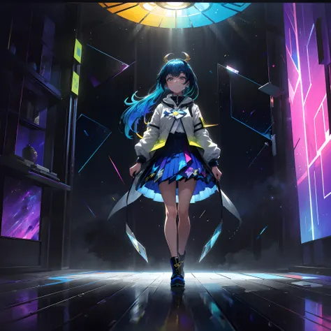 8K、super detailing、ccurate、top-quality,drop shadow,animesque, 独奏, after rain,Girl Walking in Space, Bright blue hair, Open jacket, White Print Shirts, Neon lighting, A smile, Very long hair, Gradient Golden Eye, multicolored skirt, Pantyhose with only one ...