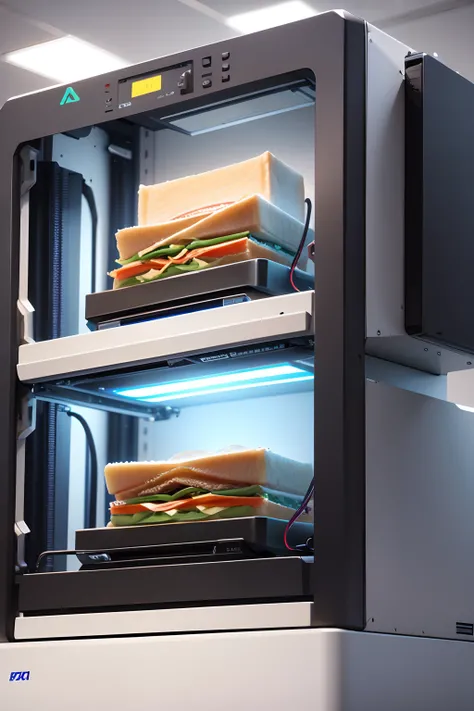 futuristic 3D printers making sandwich mass printing