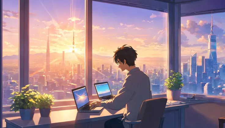 a man anime holding bitcoins, next to him is a laptop, behind him is a window overlooking the city, there is sunlight, Soft lighting and Warm, sunrise, morning