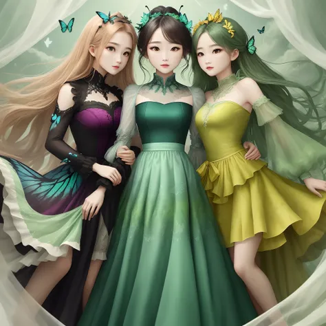 Clothing，Small dress，Light green tones，There are butterfly elements，The image quality is extremely high，Three-headed body，Bandeau，Gauze skirt，Chiffon material，Immortal，Flowing and agile，Garment parts splitting