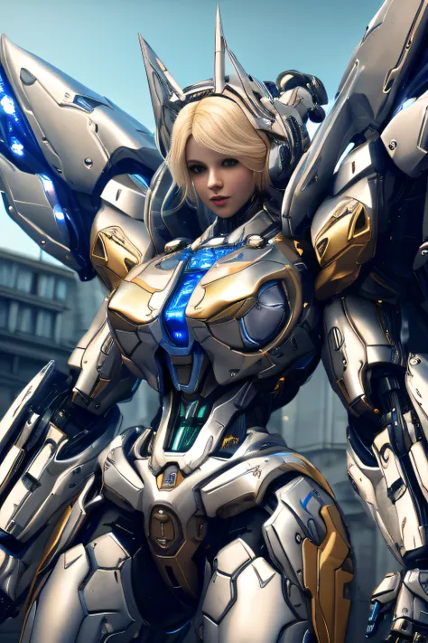 An european blonde princess dressed with a cybernetic gown on top of a giant mecha in the streets of Paris, videogame concept, Videogame character, -raw style