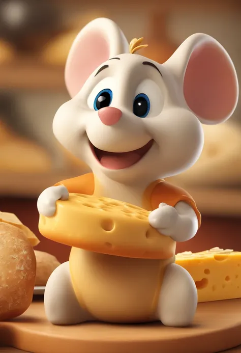 Mascot for a cheese bread factory. de frente. Target Audience: 2 a 15 anos. Que transmitisse alegria e fofura.cores kids.It shouldnt be a fat mascot, sem carisma e triste.deve ser juvenil. divertido.suggestion: Mouse with a cheese bun in hand.