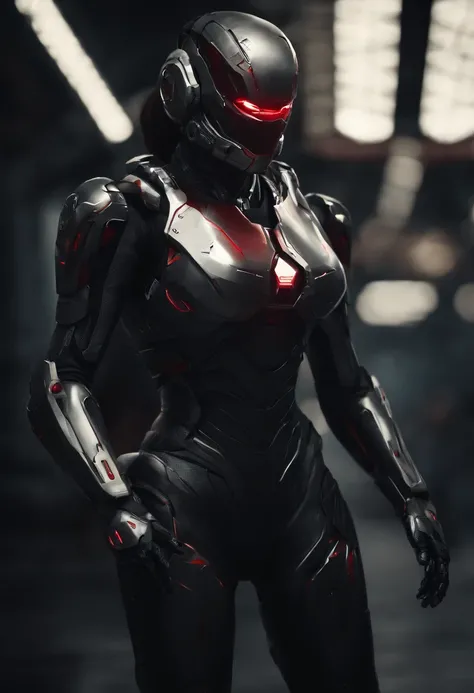 lizzyC1, ((best quality)),((masterpiece)),(detailed), Midjourney Style, close-up, woman, robot, red eyes, concept art, inspired by Marek Okon, digital art, Crysis Nanosuit, futuristic, (glowing elements:1.1), 4:3 aspect ratio,upper body