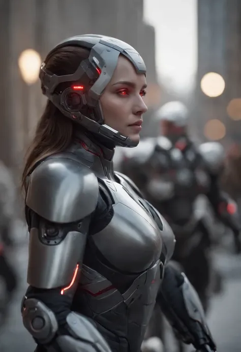 lizzyC1, ((best quality)), ((masterpiece)), (detailed), Midjourney Style, close-up, woman, robot, red eyes, concept art, inspired by Marek Okon, digital art, Crysis Nanosuit, futuristic, (glowing elements:1.1), 4:3 aspect ratio, dynamic duo，upper body