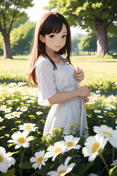 (masutepiece), best quality, ultra-detailed,girl with,white shirt、bionde、small nose、blurry backround:1.5、plein air、flower  field