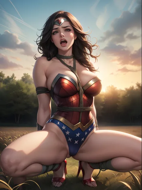 ((Shes wearing lacy white panties)), (Shes wearing stiletto high heels) ((Your blouse is tattered, Your mesh is tattered, his uniform is tattered, seu traje esta esfarrapado, your clothes are tattered)), ((SUPERHEROINE Wonder Woman half crouched in prison)...