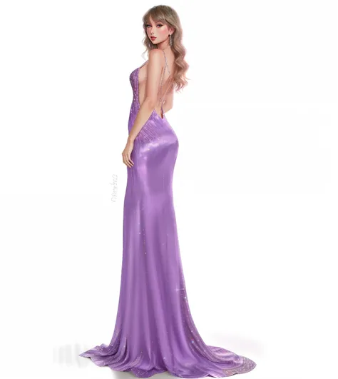 um desenho de uma mulher em um vestido roxo, vestido em um vestido roxo, vestido roxo, full length illustration, exquisite rendering, Taylor Swift feito de gelo roxo, coberto de roxo, usando um vestido de noite, rendering of beauty pageant, detailed fashio...