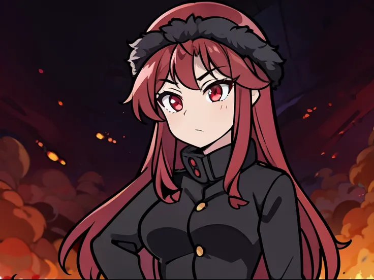 A dark red haired girl, with beautiful hunter eyes, she is very cute, she wears a ushanka, and she has a sexy body, medium size breasts and a big ass, she has a naughty aura, she has lustful hunter eyes, one girl