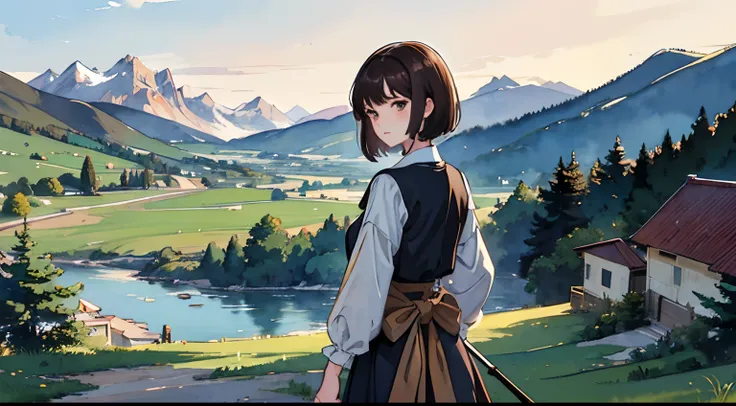 ((Watercolor by Sargent))、(top-quality、​masterpiece)、slim figure、breastsout、(Dark brown layered haircut)、Pendants、onepiece、outside of house、amazing view、lakes and mountains in distant background々、Exquisite details rendered...